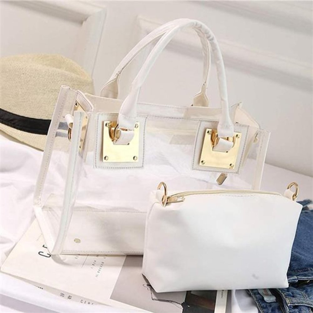 White Crossbody Transparent Handbag Purse 2 pc Set